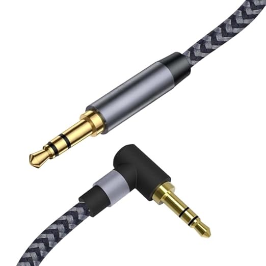 3.5mm Audio Cable Stereo Aux 90 Degree Right Angle Aux Cable 24K Gold Plated Male to Male Hi-Fi Sound for Car,Home Stereos,Speakers,Tablets 2M/ 200CM/ 5.6 Ft,Silver & Black,33665