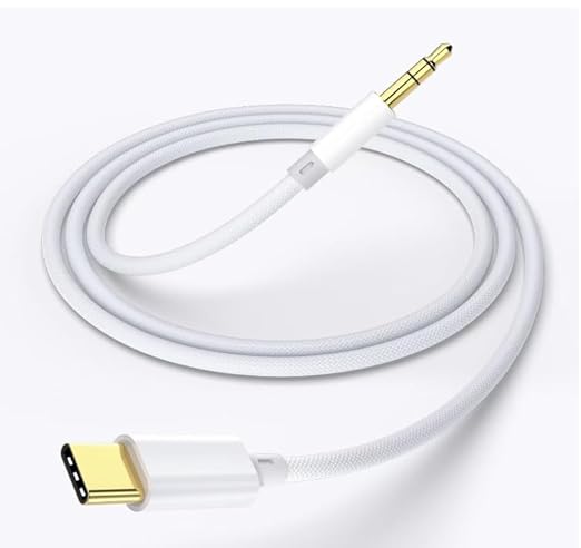 USB Type-C to 3.5mm Aux Audio Cable, White, Braided, 1 Meter, For Best Sund Quality