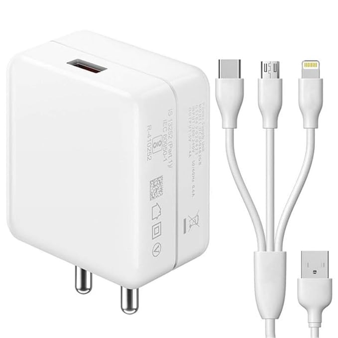 18W Mobile Charger for Xiaomi Redmi Note 11 Pro+ 5G (India) Single Port High Speed Turbo Charge Smart QC 3.0 with 1.2m 3-in-1 Multi Cable Micro USB Android iOS Type-C USB Cable (White, Dash, SH.Q)