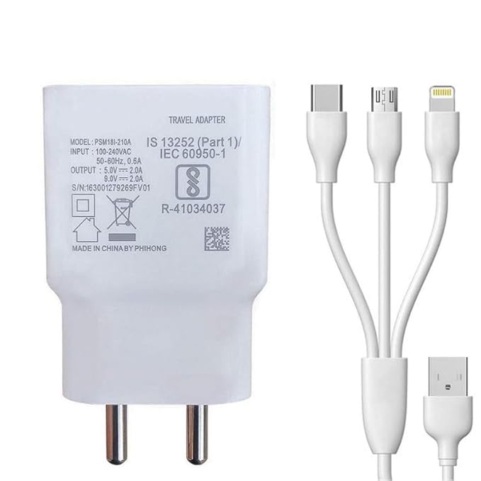 18W Mobile Charger for Xiaomi Redmi 15 4G Single Port High Speed Turbo Charge Smart QC 3.0 with 1.2m 3-in-1 Multi Cable Micro USB Android iOS Type-C USB Cable (White, VO, VT.W)