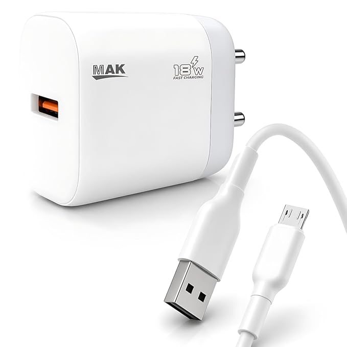 MAK 18W Fast Charging USB Wall Charger 2.4A with USB to Micro USB (V8) Cable, Compatible with Android Smartphones, Tablets & Micro USB Devices, Safe & Reliable Power Output – White