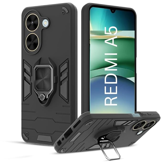 Armor Bumper Back Case Cover for Redmi A5 | Stylish Ring Holder & Inbuilt Stand | Shockproof 360 Degree Protection| Redmi A5 Back Mobile Cover |(Black)