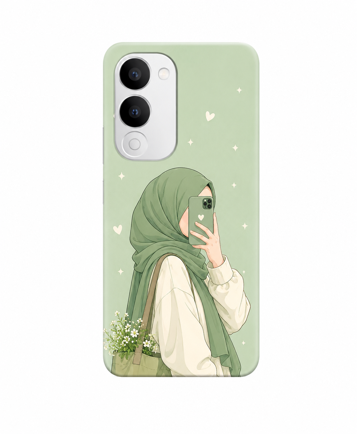 Soft Silicone Back Cover for Vivo V70 FE 5G | Aesthetic Green Cartoon Hijab Girl Printed Case | Slim & Protective TPU Material