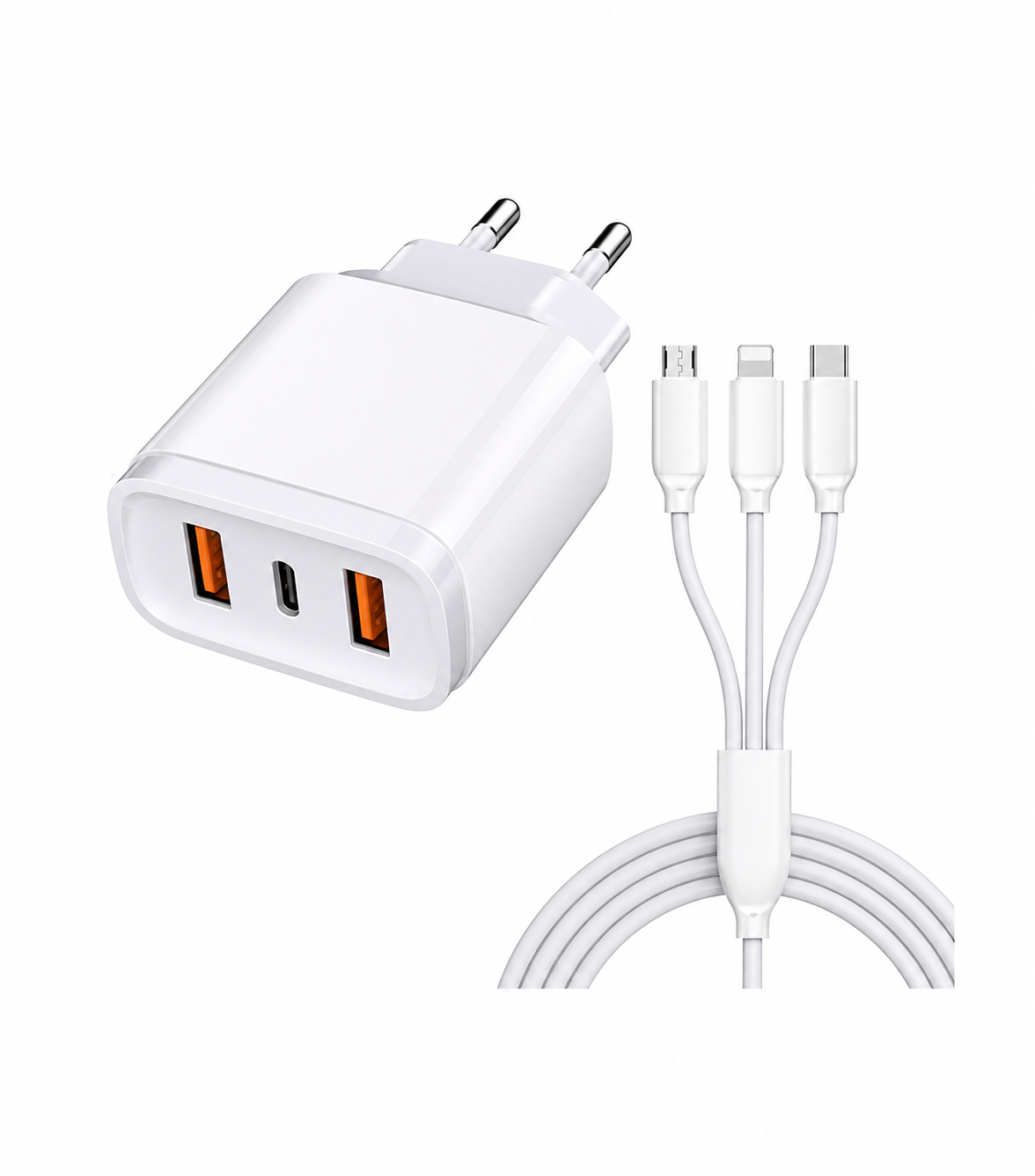 48W Mobile Charger for LG L45 Dual X132 Triple Port High Speed Turbo Charge Smart QC 3.0 with 1.2m 3-in-1 Multi Cable Micro USB Android iOS Type-C USB Cable (White, SH.Q)