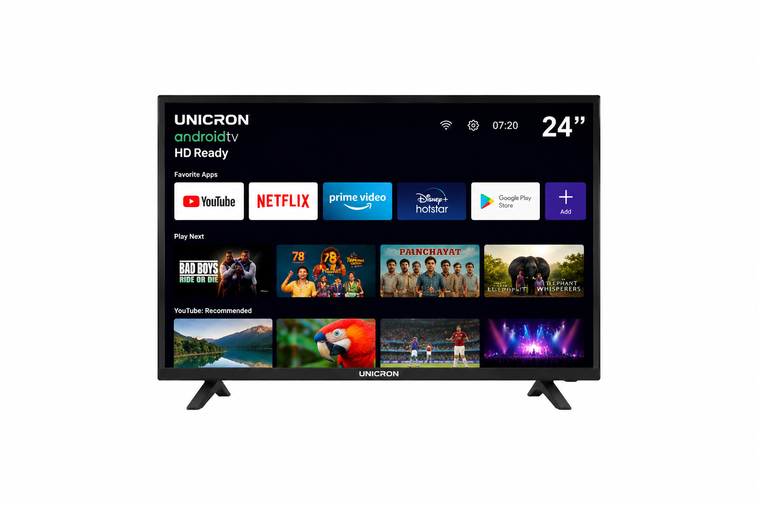 UNICRON 24”INCH HD Ready Android Smart LED TV | WiFi Enabled | Built-in Apps Compatible (YouTube, Netflix, Prime Video) | Screen Mirroring | HDMI, USB Connectivity | Slim & Stylish