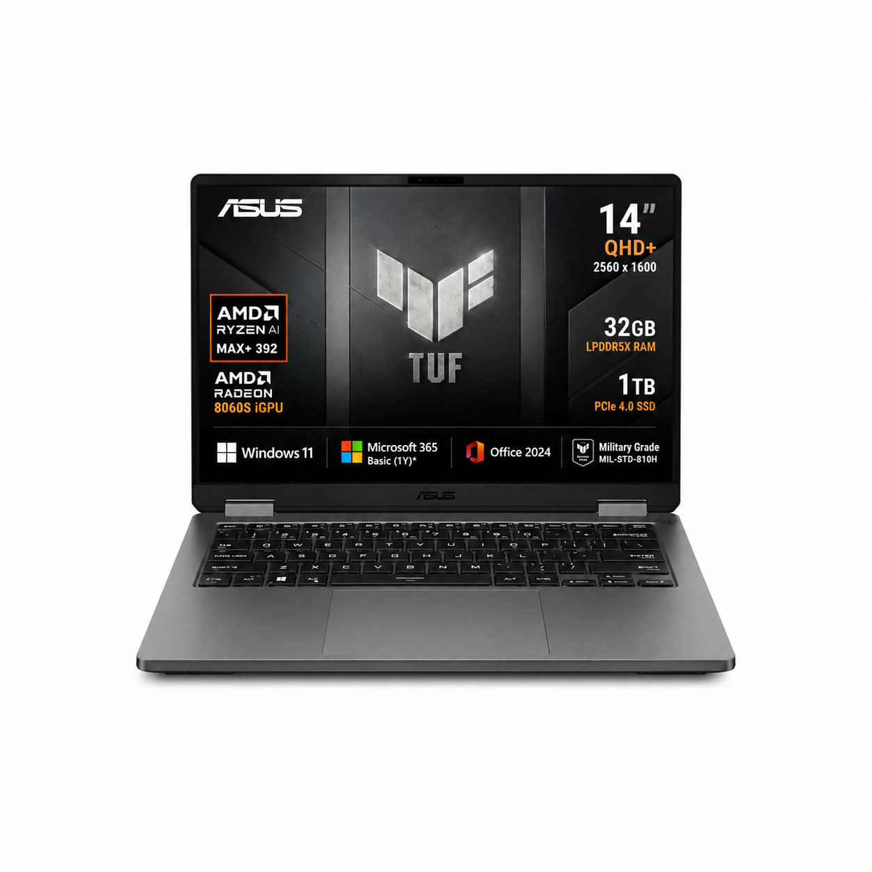 ASUS TUF A14 (2026),AMD Ryzen AI MAX+ 392, AMD Radeon 8060S iGPU,32GB RAM,1TB SSD, QHD+, 14"(35.5 cm),Windows 11, M365 Basic(1Y)* Office 2024,Jaeger Gray,1.48 Kg,FA401EA-RG020WS, Creator/Gaming Laptop