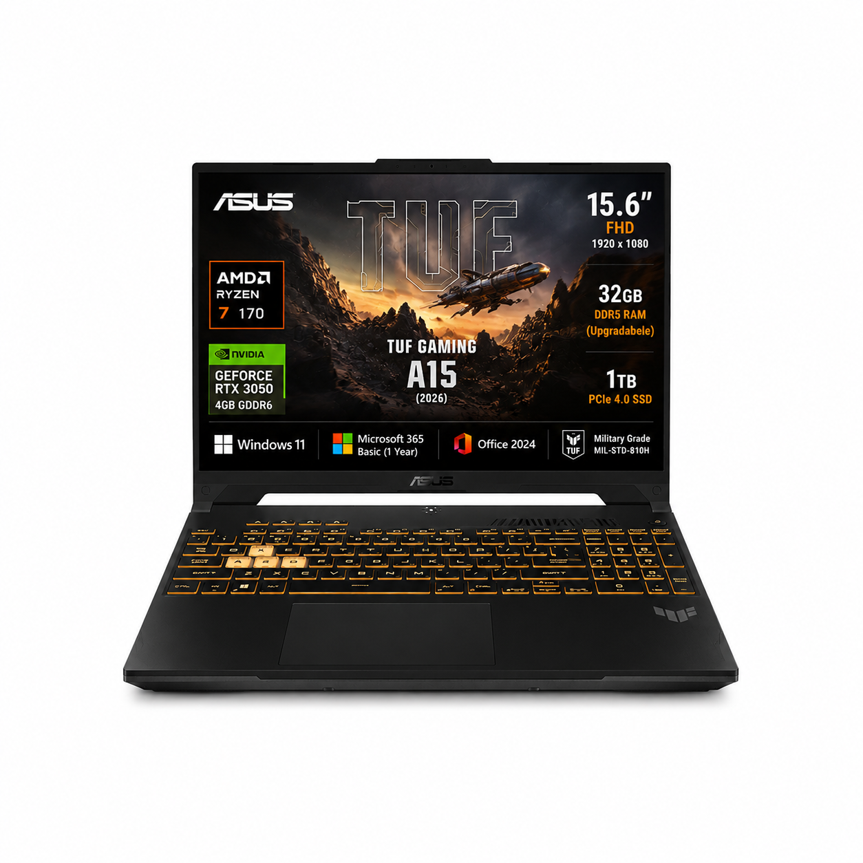 ASUS TUF A15 (2026),AMD Ryzen 7 170, RTX 3050-4GB, 32GB RAM (Upgradeable), 1TB SSD, FHD, 15.6"(39.6 cm), Windows 11, M365 Basic(1 Year),Office 2024,Graphite Black,2.3 Kg,FA506NCQ-HN010WS,Gaming Laptop