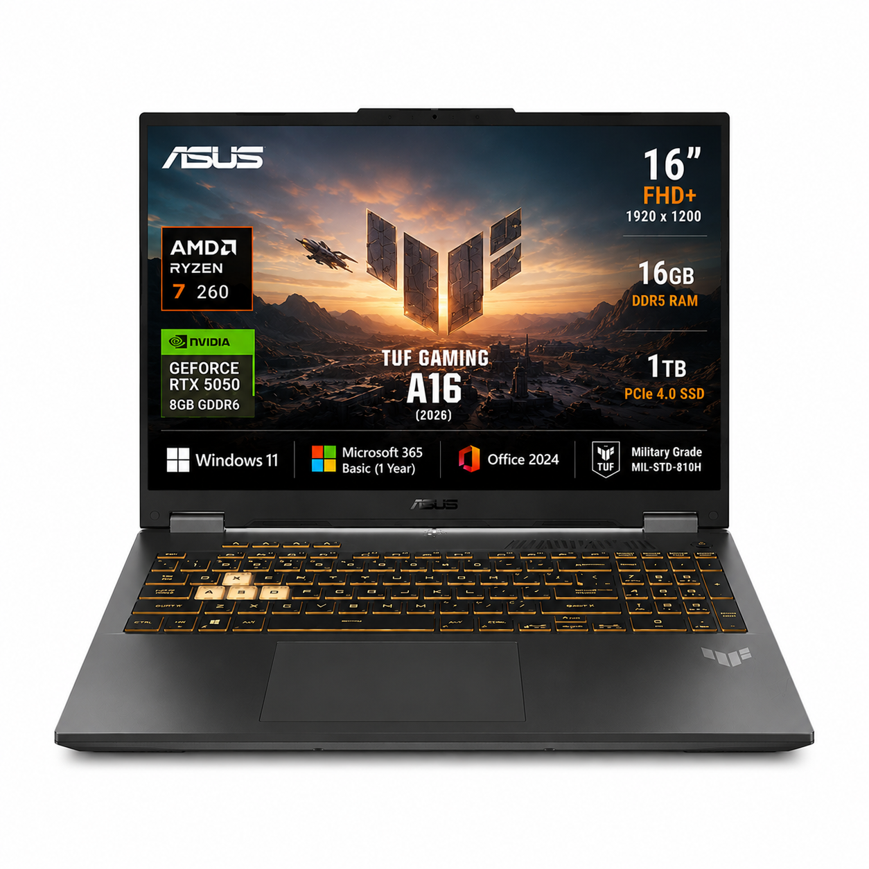 ASUS TUF A16 (2026), AMD Ryzen 7 260, RTX 5050-8GB, 16GB RAM, 1TB SSD, FHD+, 16", (40 cm), Windows 11 Home, M365 Basic(1 Year)* Office 2024, Jaeger Gray, 2.2 Kg, FA608UH-RV112WS, Gaming Laptop