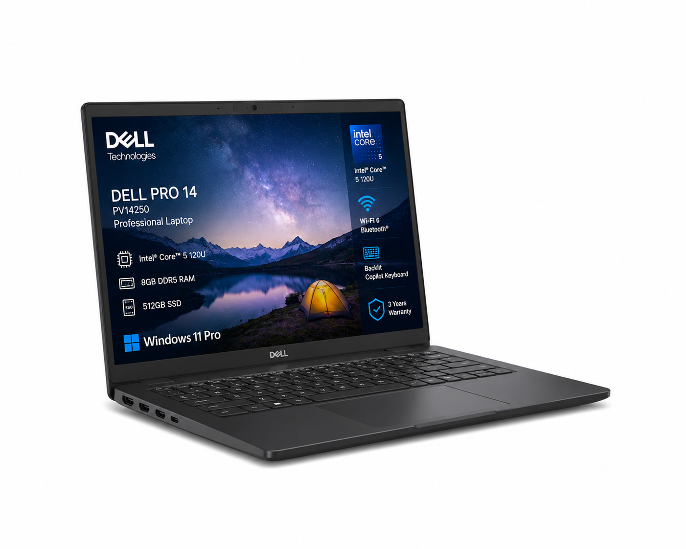 Dell Pro 14 PV14250 Professional Laptop (Intel Core 5 120U, 8GB DDR5 RAM, 512GB SSD, Windows 11 Pro, 14" FHD+ IPS Display, Backlit Copilot Keyboard, Wi-Fi & Bluetooth, Carbon Black, 3 Years Warranty)